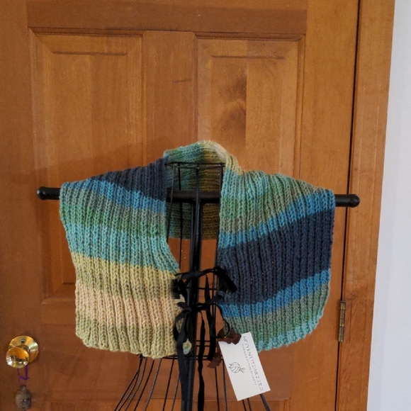 Hand Crafted Accessories - Handmade Knitted Scarf Cape in Blue and Green Tones 2 Black Velvet Ribbons